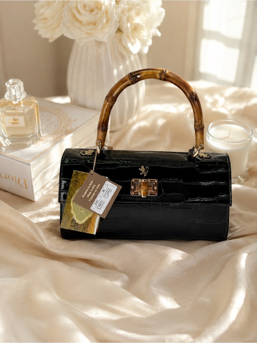 Pratesi K29830 Made in Italy Coffee Croc Leather Bamboo Handle Purse NWT